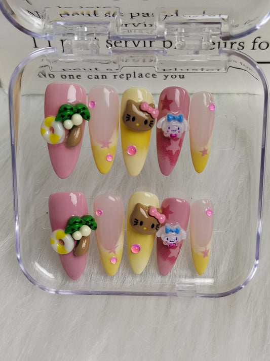 Y2K Coconut tree and Kitty Nail | Handmade Nail |Acrylic Press on Nails