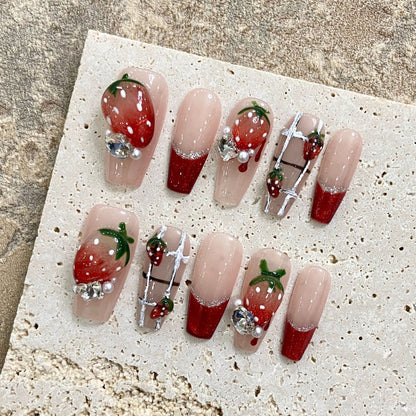 French Strayberry Nails | Handmade Nail |Acrylic Press on Nails